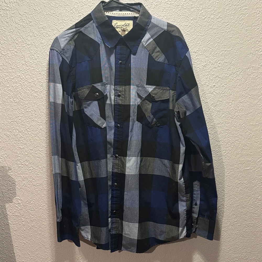 Western Blue and Black Plaid Button-Down Shirt